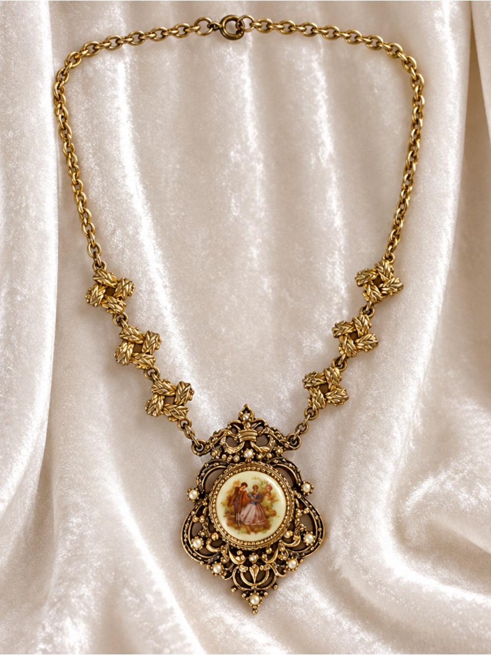 Vintage Gold Pendant Necklace with Painted Cameo